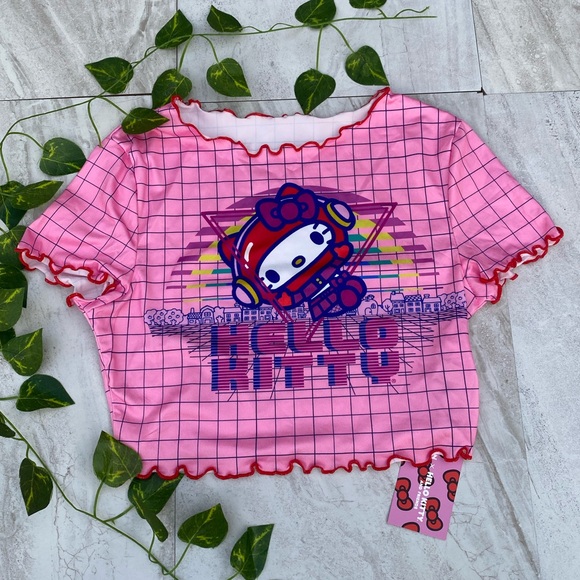 Hello Kitty Sanrio Pink Short Sleeve Crop Top Y2K Preppy Ruffle 90s Astronaut - Picture 1 of 7